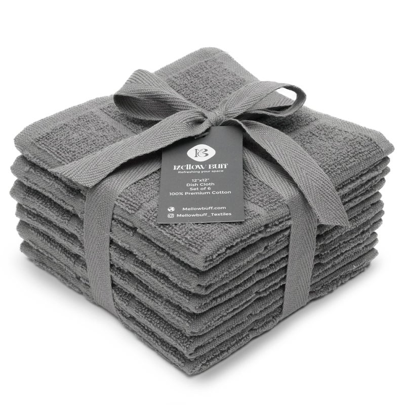 Mellow Buff 100% Cotton Terry Dish Cloth & Dish Towel, 6 Pack, Super Soft and Absorbent Kitchen Towels, Perfect for Kitchen Cleaning and Dish Washing (Grey 6 Pack) - Image 1