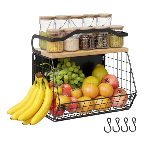 Mefirt Magnetic Shelf for Fridge with Wood Lid Heavy Duty Fruit Basket Fruit Potato and Onion Storage Bins Magnetic Spice Rack for Refrigerator Black Hanging Wire Basket for Kitchen Counter - Image 1