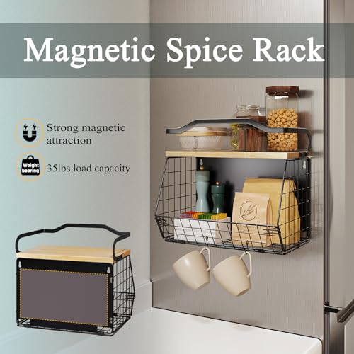 Mefirt Magnetic Shelf for Fridge with Wood Lid Heavy Duty Fruit Basket Fruit Potato and Onion Storage Bins Magnetic Spice Rack for Refrigerator Black Hanging Wire Basket for Kitchen Counter - Image 3
