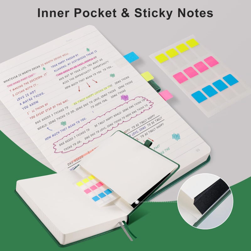 Emshoi Lined Journal Notebook  320 Numbered Pages  A5 College Ruled Notebook  With 100 Gsm Thick Paper  Hardcover Leather  Contents  Stickers  Inner Pocket  Pen Holder  5.75 X 8.38-Dark Green - Image 4