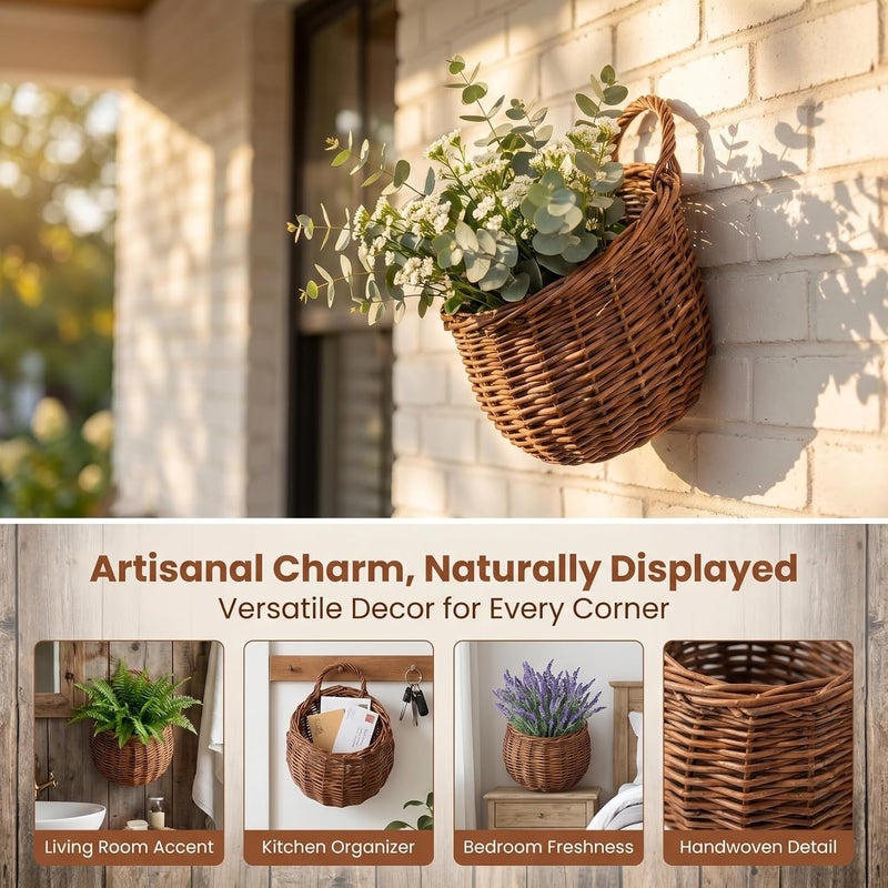 PRETYZOOM 2Pcs Small Woven Rattan Flower Baskets Wall Mounted Decorative Hanging Planters for Home Wedding Garden Indoor Outdoor Wall Decor - Image 1