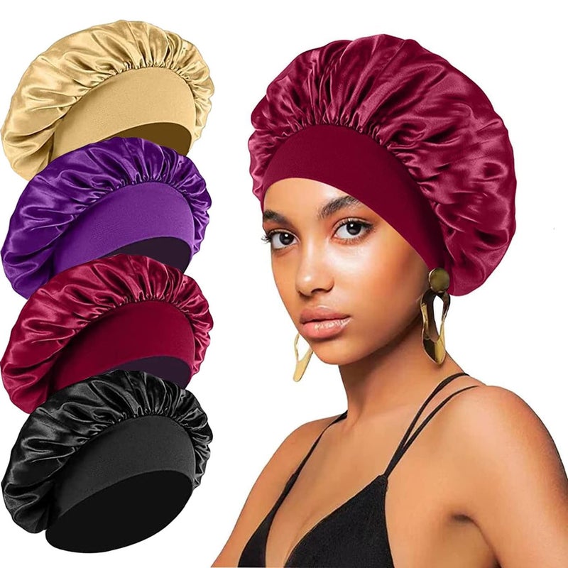 4-Piece Set Silk Sleep Caps, Elastic Wide Band Hair Caps for Sleep Curly Hair, Hairband Satin Cap Shower Caps for Black Women and Men (Khaki & Purple & Burgundy & Black) - Image 1