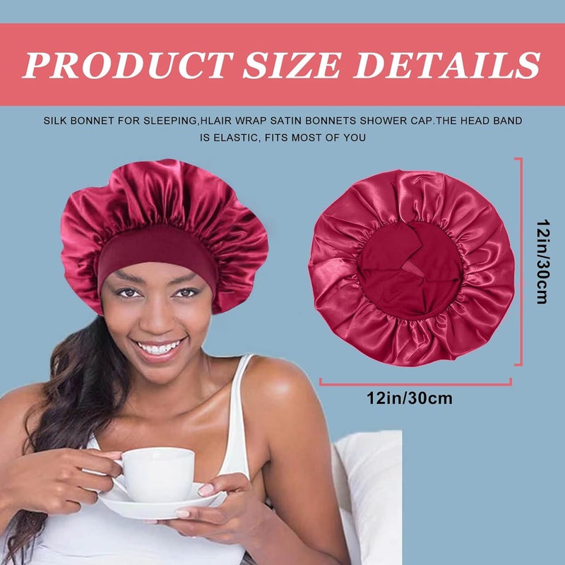 4-Piece Set Silk Sleep Caps, Elastic Wide Band Hair Caps for Sleep Curly Hair, Hairband Satin Cap Shower Caps for Black Women and Men (Khaki & Purple & Burgundy & Black) - Image 2