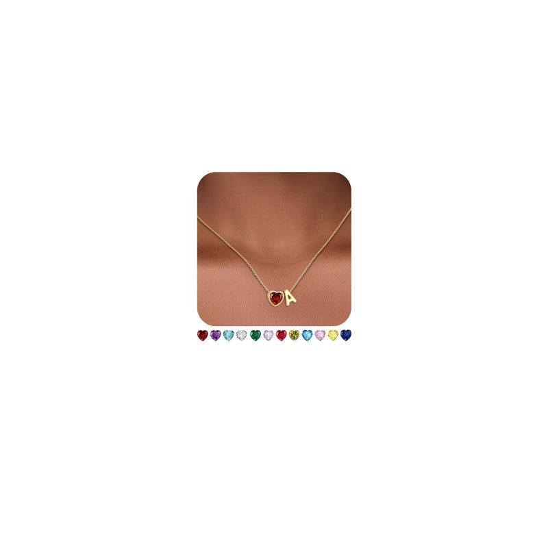 Esrial Heart Birthstone Initial Necklace for Women Girls,14K Gold Plated Heart Letter A-Z Necklace Dainty Birthday Trendy Jewelry Gifts for Women Girls Daughter(January,Initial A) - Image 1