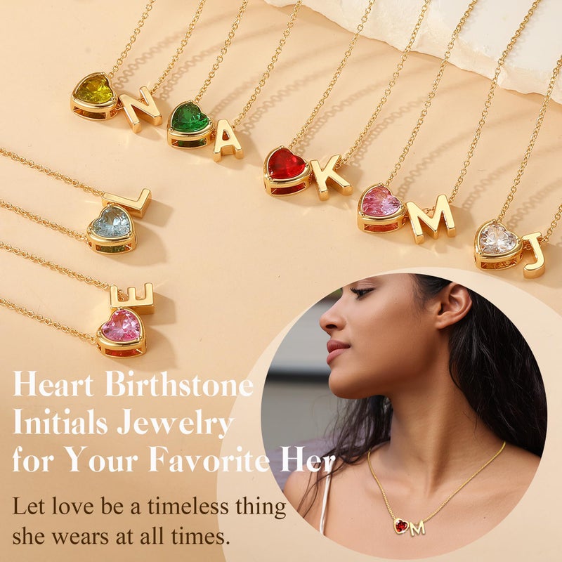 Esrial Heart Birthstone Initial Necklace for Women Girls,14K Gold Plated Heart Letter A-Z Necklace Dainty Birthday Trendy Jewelry Gifts for Women Girls Daughter(January,Initial A) - Image 4