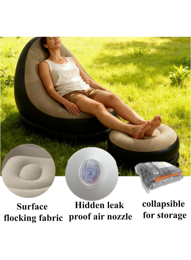 Inflatable Flocked Lounge Chair with Ottoman, Portable Air Sofa for Adults with Footstool and Air Pump - Image 1