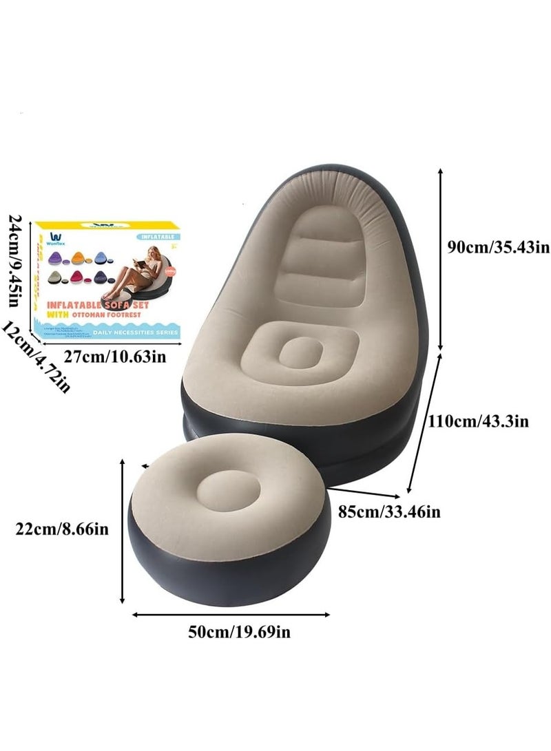 Inflatable Flocked Lounge Chair with Ottoman, Portable Air Sofa for Adults with Footstool and Air Pump - Image 2