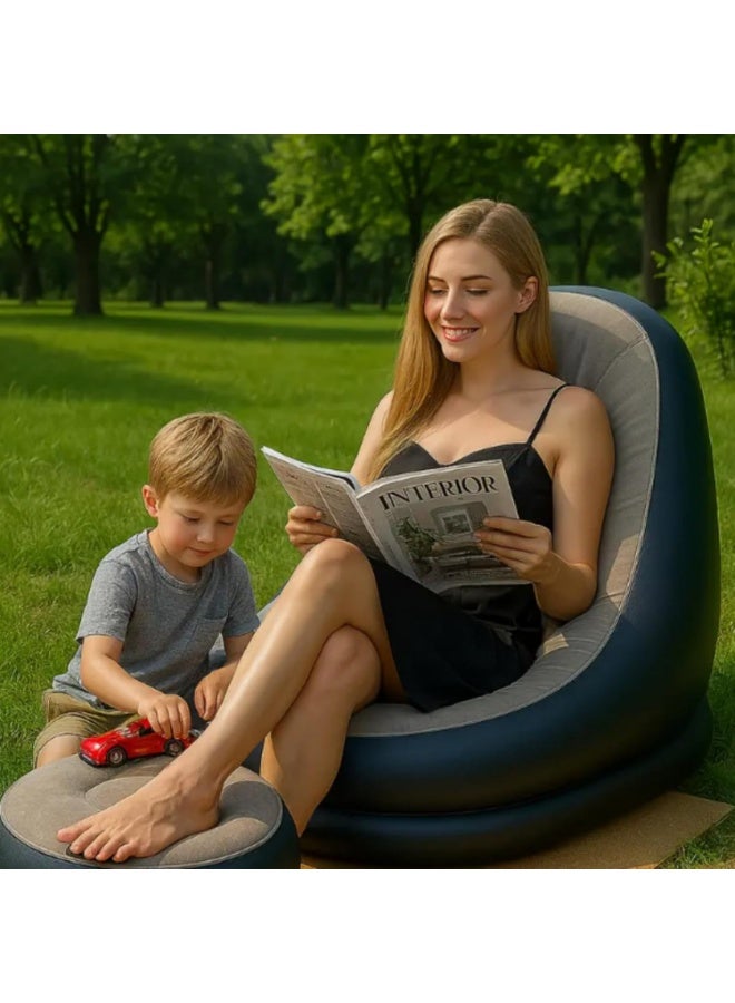 Inflatable Flocked Lounge Chair with Ottoman, Portable Air Sofa for Adults with Footstool and Air Pump - Image 3