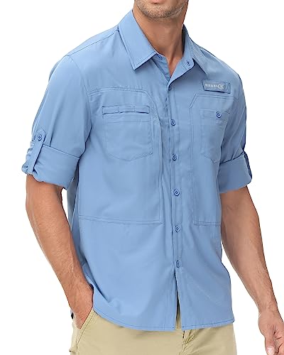 Satankud Men's Sun Protection Fishing Shirt Long Sleeve UPF50+ Travel Work Button Down Shirts with Zipper Pocket (MistBlue,Medium) - Image 1