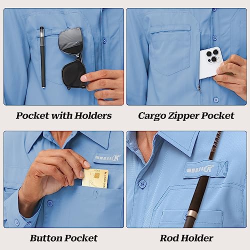 Satankud Men's Sun Protection Fishing Shirt Long Sleeve UPF50+ Travel Work Button Down Shirts with Zipper Pocket (MistBlue,Medium) - Image 5