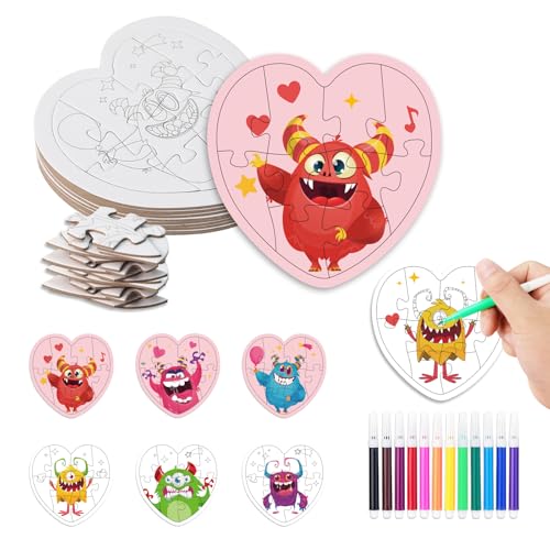 Fennoral 12 Pack Valentines Day Gifts for Kids Classroom Color Your Own Heart Monster Jigsaw Puzzles DIY Coloring Valentines Day Craft Kit for Kids Art Activities Valentines Party Favor Supplies - Image 1