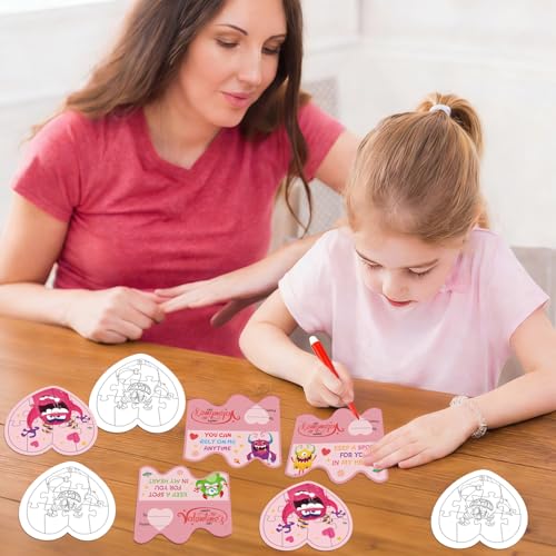 Fennoral 12 Pack Valentines Day Gifts for Kids Classroom Color Your Own Heart Monster Jigsaw Puzzles DIY Coloring Valentines Day Craft Kit for Kids Art Activities Valentines Party Favor Supplies - Image 5