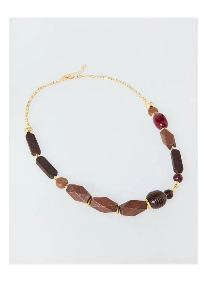 Brown Wooden Beaded Detailed Adjustable Necklace.