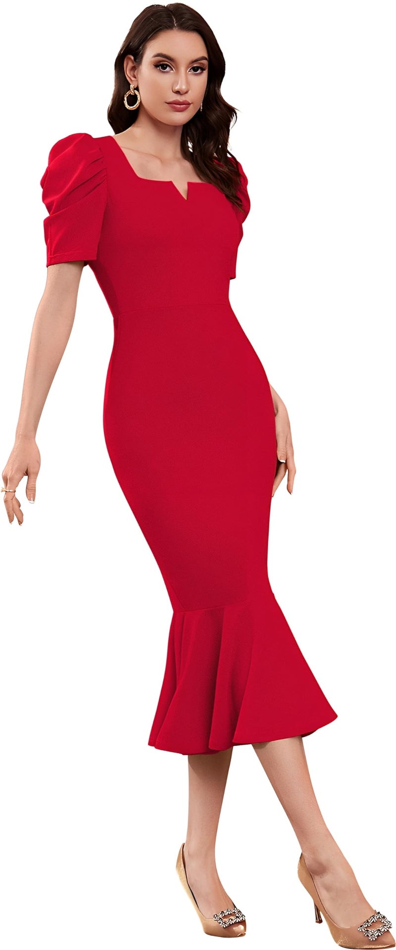 SATPURUSH Women's Lycra Blend Sweet-Heart Neck Puff Sleeve Fit and Flared Calf Length Casual Bodycon Dress for Party, Office, Meetings Etc. (Red, XXL) - Image 3