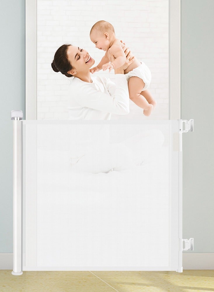 أيه بي جي بوابة أمان قابلة للسحب للأطفال - حاجز أطفال شبكي مع قفل أرضي، حاجز درج للاطفال قابل للتمديد حتى 150 سم، ارتفاع 86 سم، لتأمين السلالم والممرات والأبواب، تشغيل بيد واحدة (أبيض) - Image 2