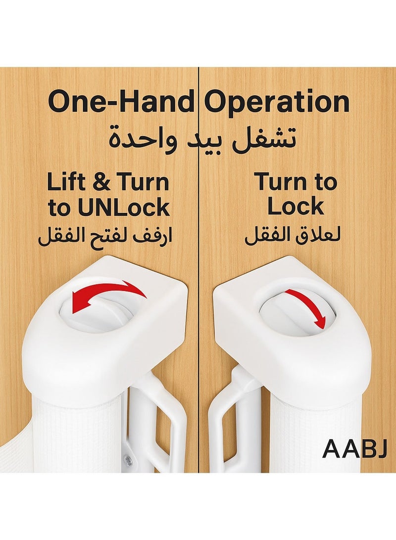 أيه بي جي بوابة أمان قابلة للسحب للأطفال - حاجز أطفال شبكي مع قفل أرضي، حاجز درج للاطفال قابل للتمديد حتى 150 سم، ارتفاع 86 سم، لتأمين السلالم والممرات والأبواب، تشغيل بيد واحدة (أبيض) - Image 5