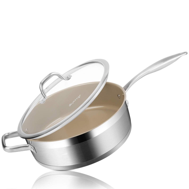 Duxtop Ceramic Non-stick SautÃ© Pan, Induction Stainless Steel SautÃ© Pan, 5.5-Qt Deep Skillet with Lid, Professional Grade and Impact-bonded Technology, FUSION Ti