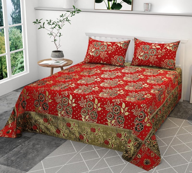 jayvaam Velvet Queen Size Bedsheet Set, 3 Piece Jaquard Weaved Long Life bedsheet with 2 Pillow Covers, Coffee Colour (Gold) - Image 1