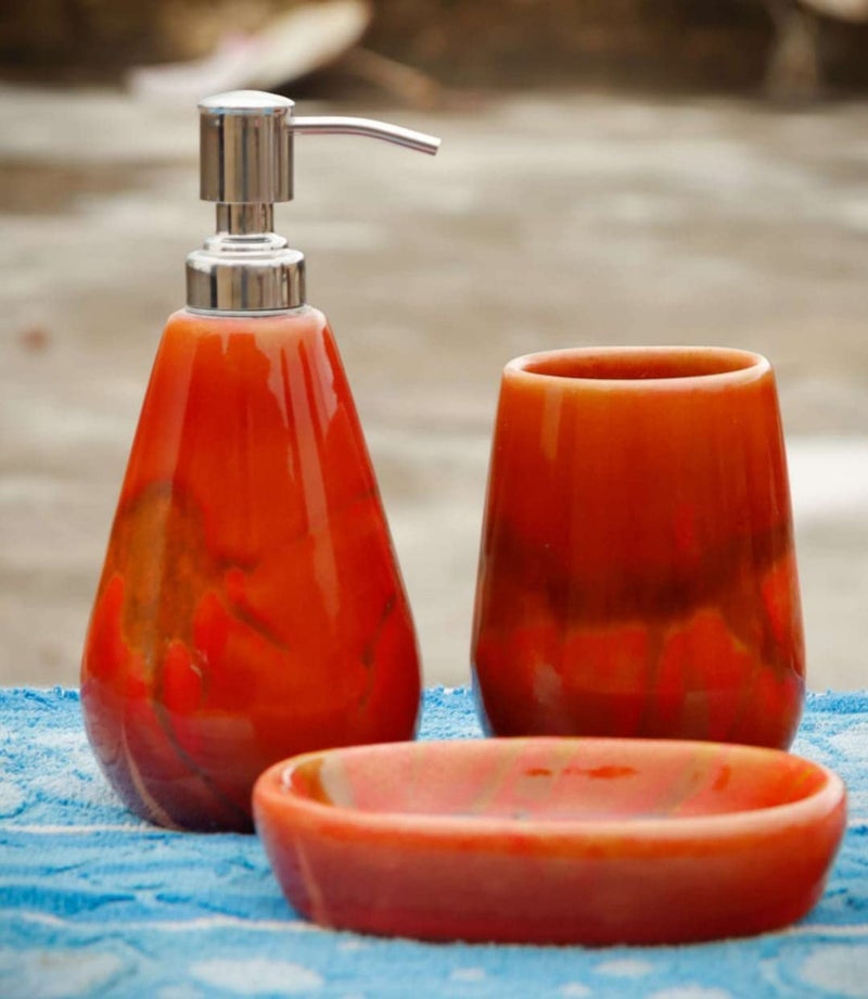 Vreni Ceramic Bathroom Accessories Set for Utility and Bathroom Decor | Liquid Soap Dispenser, soap Tray, Toothbrush Holder Hand Crafted Red Cream(Set of 3 pc) - Image 1