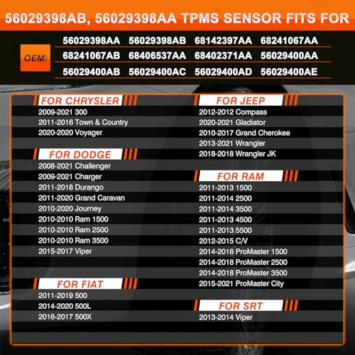 ISINFLASH TPMS Sensor, 433MHz Tire Pressure Sensors Compatible with Chrysler Jeep Wrangler JK Dodge Ram Charger Replace 56029398AB 68142397AA 68241067AA 68241067AB 4 PCS - Image 2