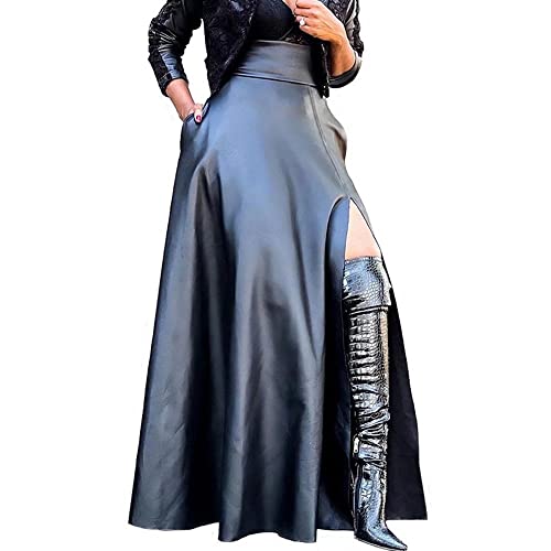 Lexiart Womens High Waisted Sexy Pu Leather Vintage High Split A-Line Swing Long Skirt Black S - Image 2
