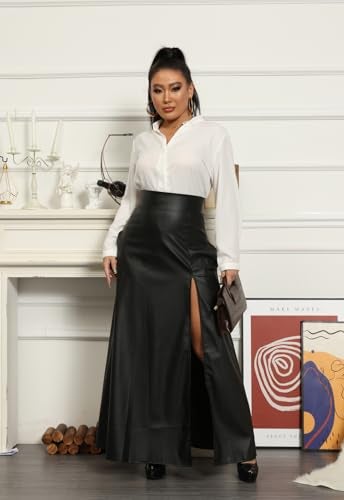 Lexiart Womens High Waisted Sexy Pu Leather Vintage High Split A-Line Swing Long Skirt Black S - Image 4