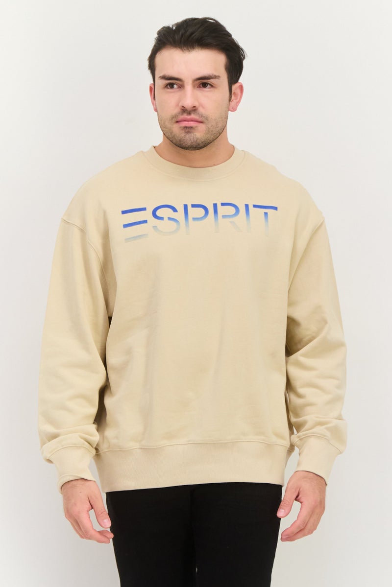 ESPRIT Men Crew Neck Long Sleeves Brand Logo Sweatshirt, Beige - Image 1