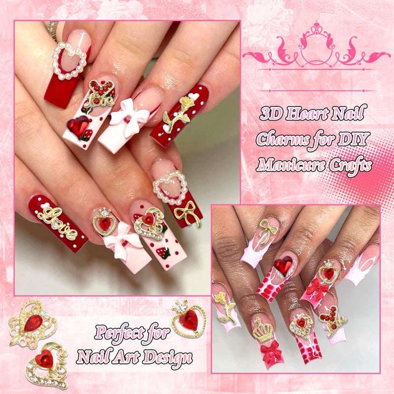 BELICEY 72 Pcs Valentines Red Heart Nail Charms 3D Gold Metal Bow Nails Charm and Gems Red Love Rhinestone Charms for Nail DIY Manicure Jewelry for Valentine's Day Design Crafts - Image 4