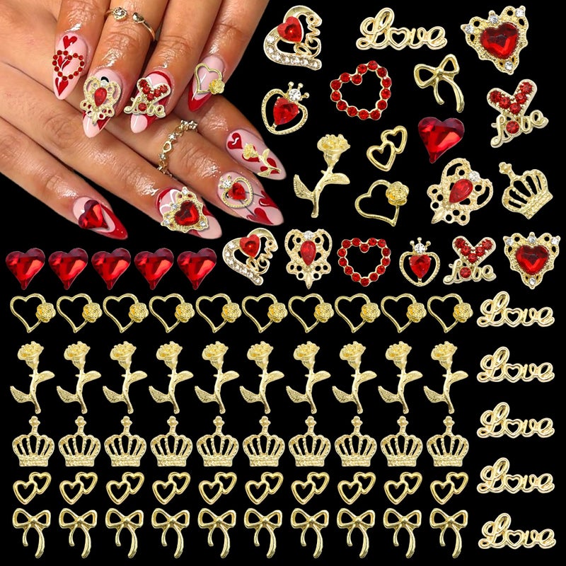 BELICEY 72 Pcs Valentines Red Heart Nail Charms 3D Gold Metal Bow Nails Charm and Gems Red Love Rhinestone Charms for Nail DIY Manicure Jewelry for Valentine's Day Design Crafts - Image 1