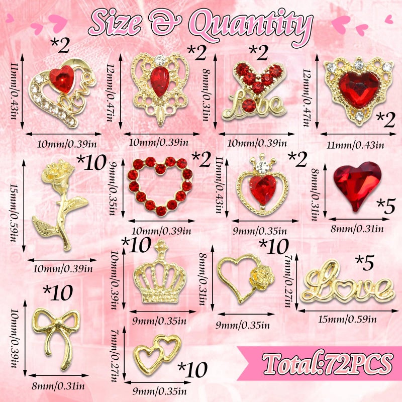 BELICEY 72 Pcs Valentines Red Heart Nail Charms 3D Gold Metal Bow Nails Charm and Gems Red Love Rhinestone Charms for Nail DIY Manicure Jewelry for Valentine's Day Design Crafts - Image 3