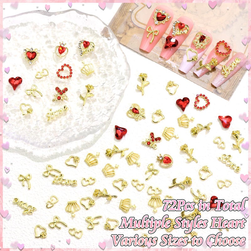 BELICEY 72 Pcs Valentines Red Heart Nail Charms 3D Gold Metal Bow Nails Charm and Gems Red Love Rhinestone Charms for Nail DIY Manicure Jewelry for Valentine's Day Design Crafts - Image 5