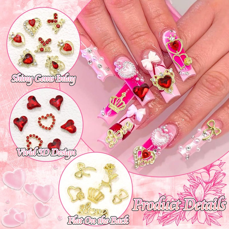 BELICEY 72 Pcs Valentines Red Heart Nail Charms 3D Gold Metal Bow Nails Charm and Gems Red Love Rhinestone Charms for Nail DIY Manicure Jewelry for Valentine's Day Design Crafts - Image 2