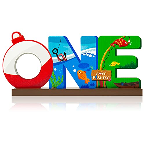 Haooryx Fishing One Table Wooden Centerpiece One Year Old Baby Boys Birthday Party Letter Sign Table Decoration Summer Fishing Theme Party Supplies 1st Birthday Baby Shower Photo Props Decor - Image 1