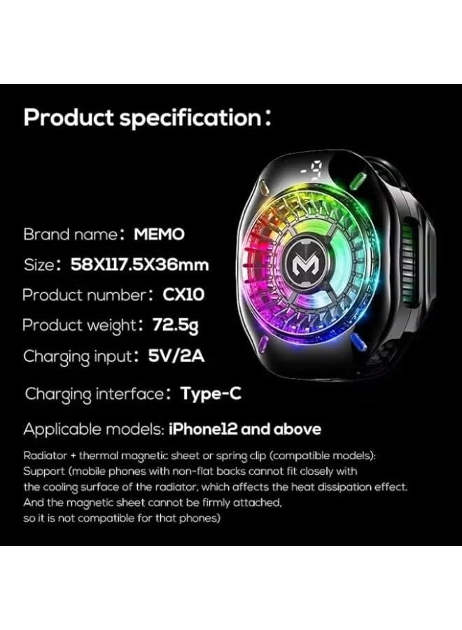 Memo مروحة تبريد الهاتف المحمول CX10 – تحكم في درجة الحرارة بالذكاء الاصطناعي مع أضواء LED RGB – مروحة هاتف محمولة للألعاب، البث والشحن السريع – مروحة هاتف ذكية قابلة للتعديل - Image 3