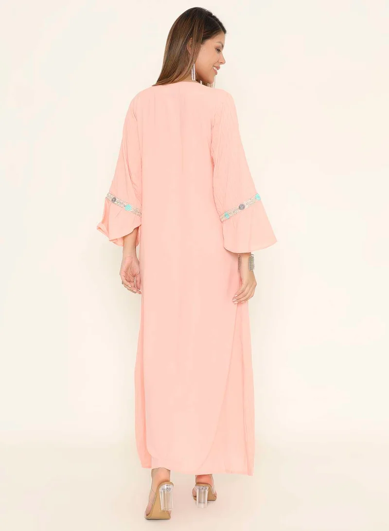 HANA & SARA Embroidered Peach Pink Jalabiya Maxi Dress - Arabic Kaftan