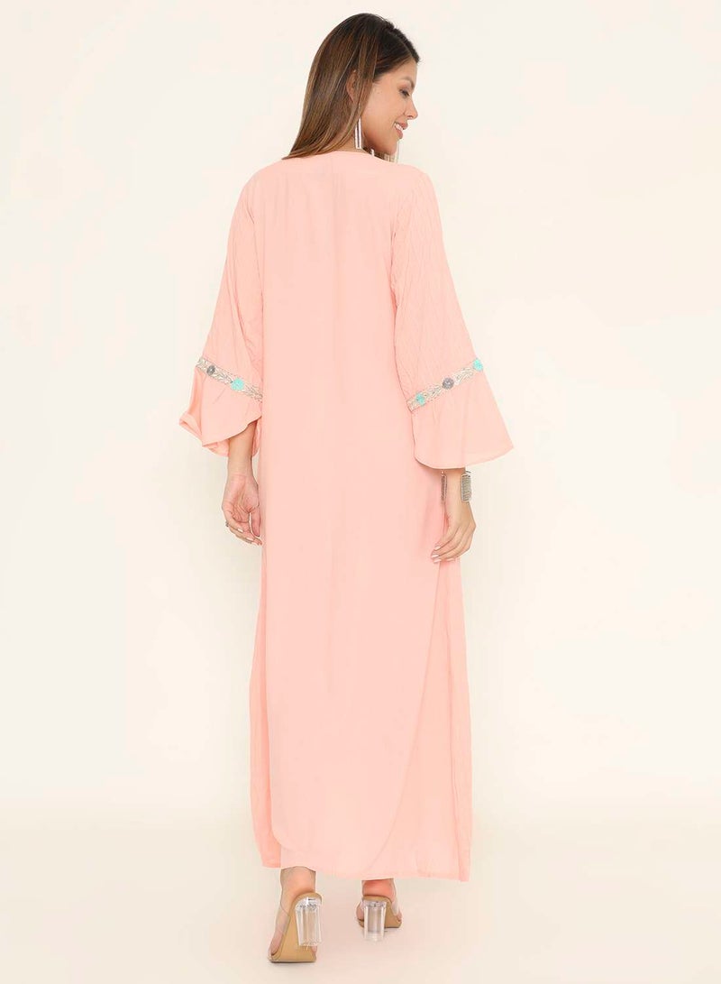 HANA & SARA Embroidered Peach Pink Jalabiya Maxi Dress - Arabic Kaftan - Image 2