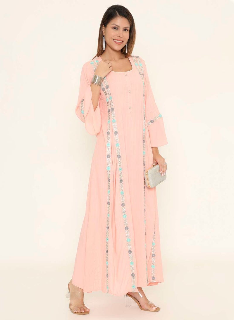 HANA & SARA Embroidered Peach Pink Jalabiya Maxi Dress - Arabic Kaftan - Image 4
