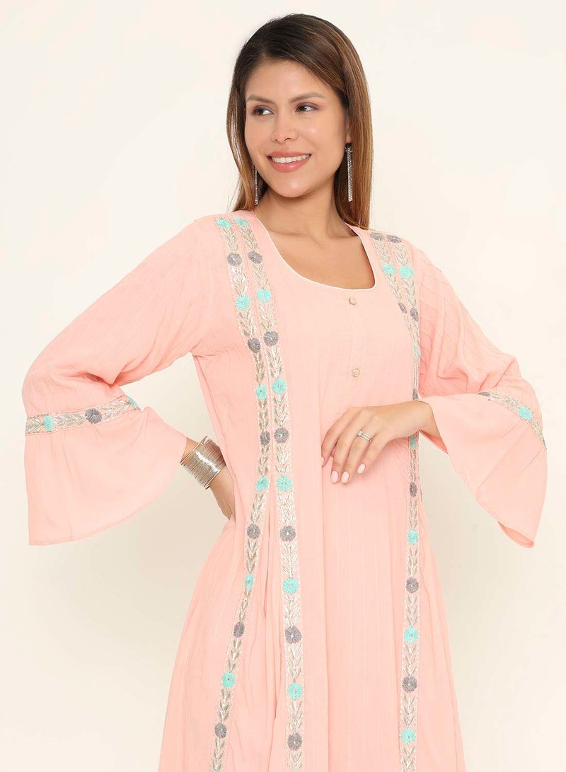 HANA & SARA Embroidered Peach Pink Jalabiya Maxi Dress - Arabic Kaftan - Image 3