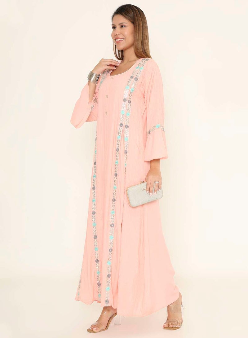 HANA & SARA Embroidered Peach Pink Jalabiya Maxi Dress - Arabic Kaftan - Image 5