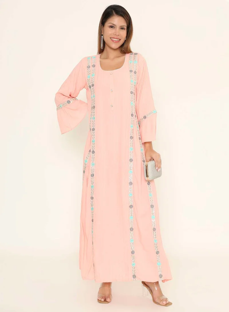HANA & SARA Embroidered Peach Pink Jalabiya Maxi Dress - Arabic Kaftan