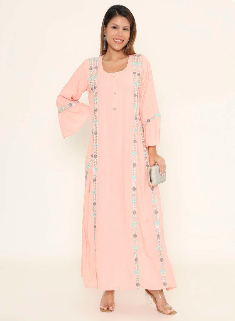 HANA & SARA Embroidered Peach Pink Jalabiya Maxi Dress - Arabic Kaftan - Image 1