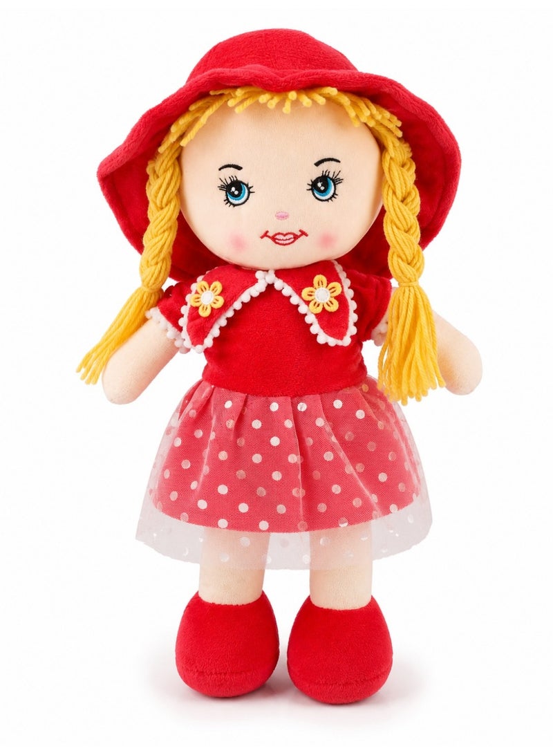 Soft Plush Rag Doll for Girls - Cute Stuffed Toy Doll with Yellow Braids, Red Polka Dot Dress & Hat - Perfect Gift for Kids - Image 3