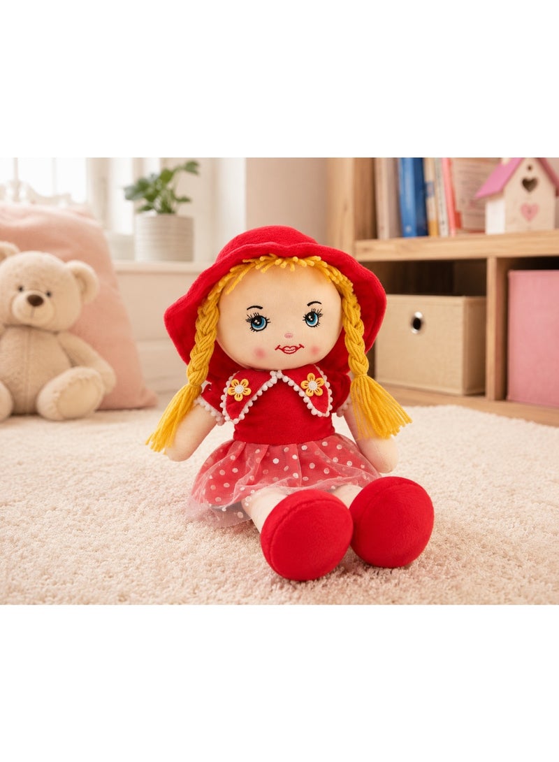 Soft Plush Rag Doll for Girls - Cute Stuffed Toy Doll with Yellow Braids, Red Polka Dot Dress & Hat - Perfect Gift for Kids - Image 1