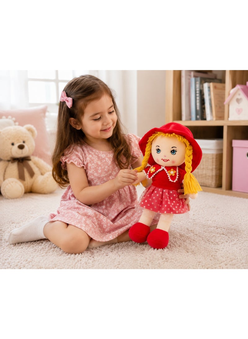 Soft Plush Rag Doll for Girls - Cute Stuffed Toy Doll with Yellow Braids, Red Polka Dot Dress & Hat - Perfect Gift for Kids - Image 5