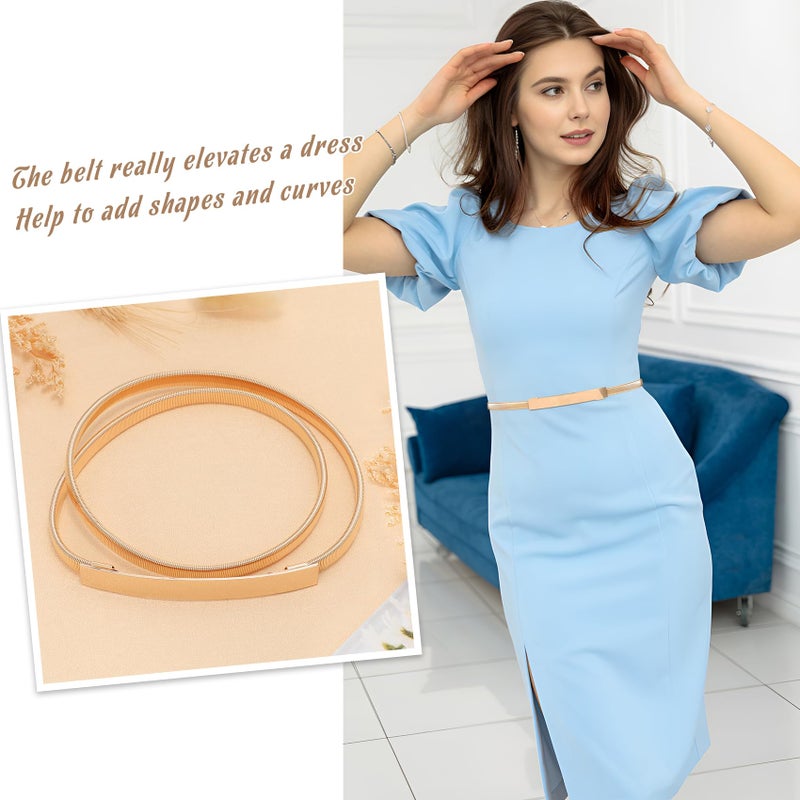VONMELLI Skinny Elastic Metal Cinch Belt for Dress Stretch Thin Waist Belt for Women Gold Tone L - Image 2