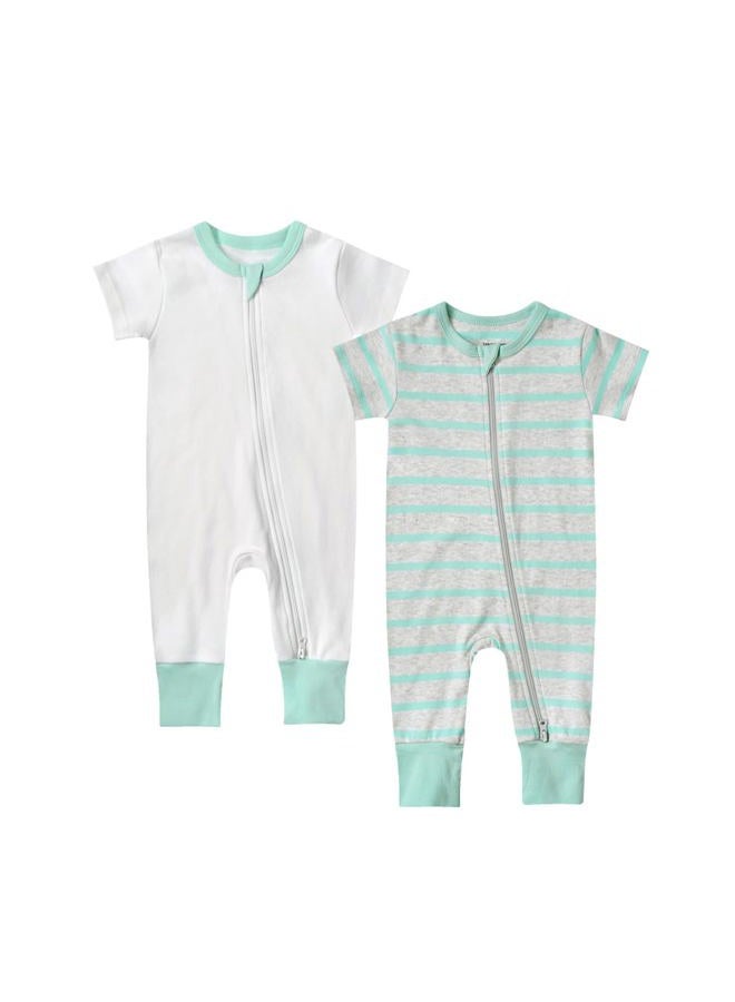 Teach Leanbh Toddler Baby Boys Girls 2-Pack Pajamas Cotton 2 Way Zipper Short Sleeve Footless Romper Sleep and Play (Green Stripe+White, 3-6 Months) - Image 1