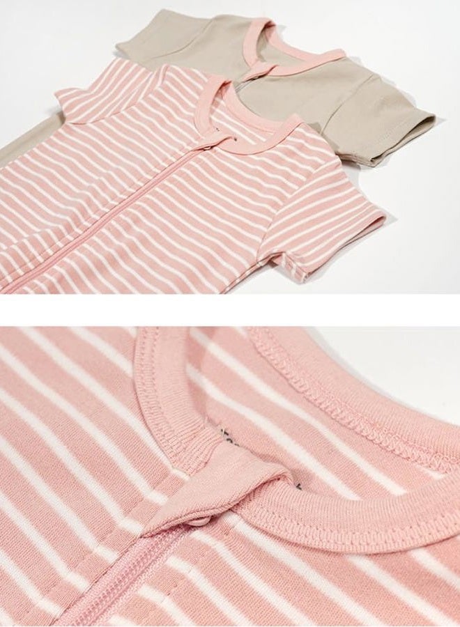 Teach Leanbh Toddler Baby Boys Girls 2-Pack Pajamas Cotton 2 Way Zipper Short Sleeve Footless Romper Sleep and Play (Green Stripe+White, 3-6 Months) - Image 2