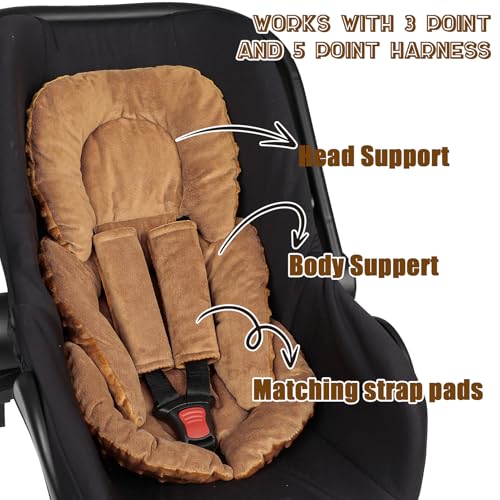 GFU Infant Car Seat Insert Head and Body Support Reversible Newborn Insert for Carseat with Strap Pads Soft Stroller Cushion Pillow Insert for Boys and Girls Fits for Stroller Swing Brown - Image 3