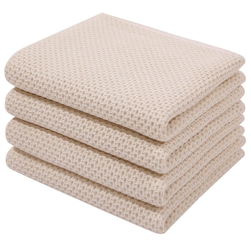 Homaxy 100% Cotton Waffle Weave Kitchen Dish Towels  Ultra Soft Absorbent Quick Drying Cleaning Towel  13 x 28 Inches  4-Pack  Beige - Image 1