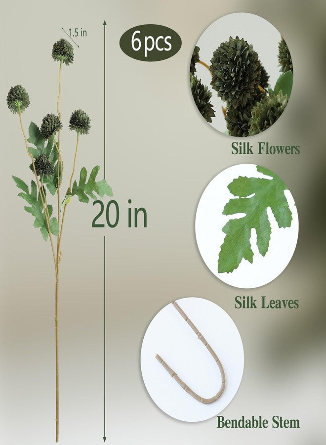 Mizii 6Pcs Green Fake Silk Pompon Mum Artificial Flowers Bulk Small Faux Chrysanthemums with Stems Realistic Floral Decorations for Wedding DIY Bouquet Centerpieces Shower Vase Home Decor (Dark Green) - Image 2